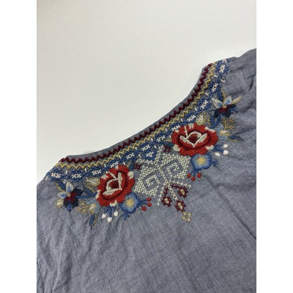 Johnny Was Workshop Chambray Peasant Top Grey Small Embroidered Bell Sleeves - Picture 10 of 11